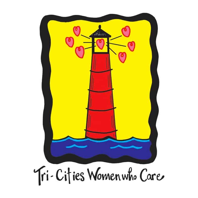 Bright red lighthouse with floating hearts, representing love and care in the Tri-Cities area, symbolizing support and community for women and families in Michigan.