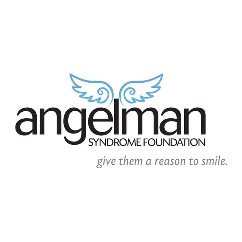Angelman Syndrome Foundation logo with angel wings graphic and slogan "give them a reason to smile" for awareness and support.