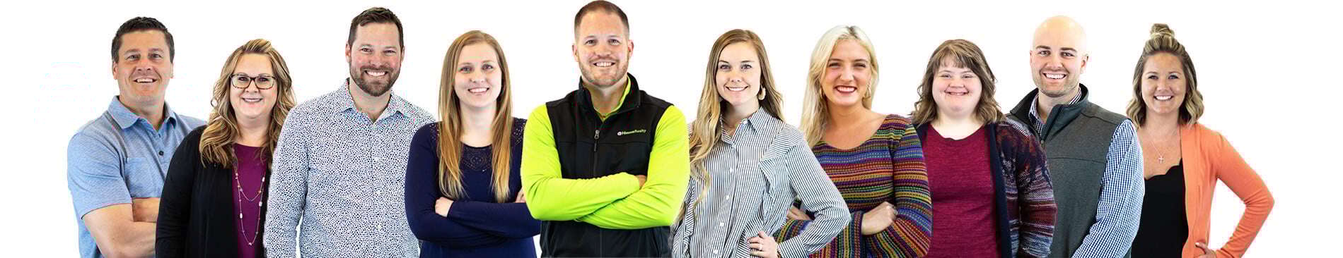 Diverse team of Michigan real estate agents standing together, smiling, representing HomeReality’s expert services for Michigan property listings and home buying or selling assistance.